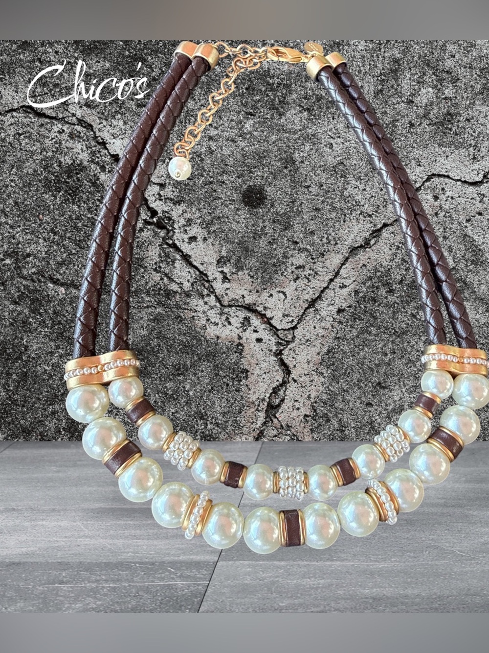 Chico's Brown Braided Leather Necklace with Pearl & Gold Accents